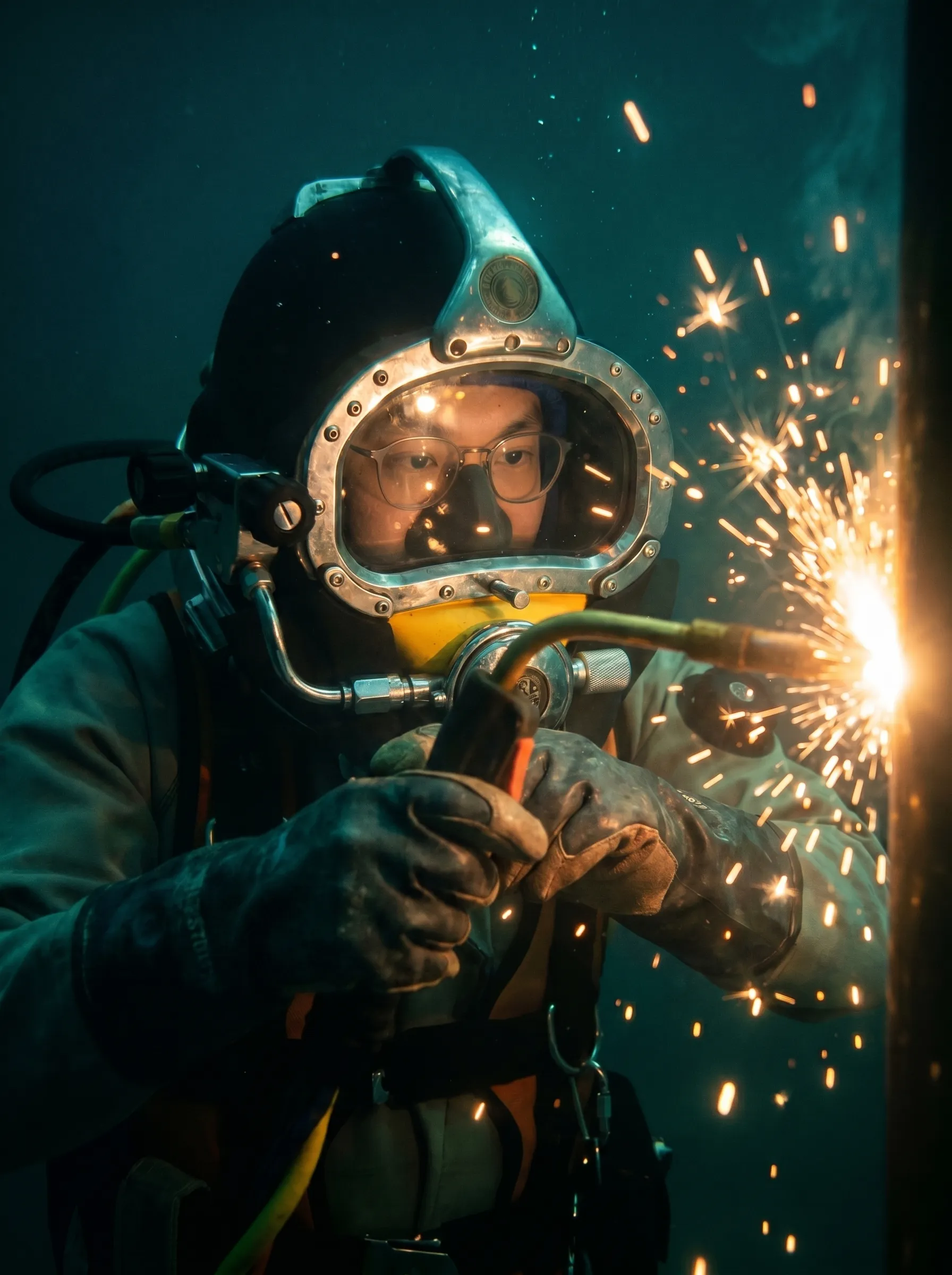 An underwater welder at work